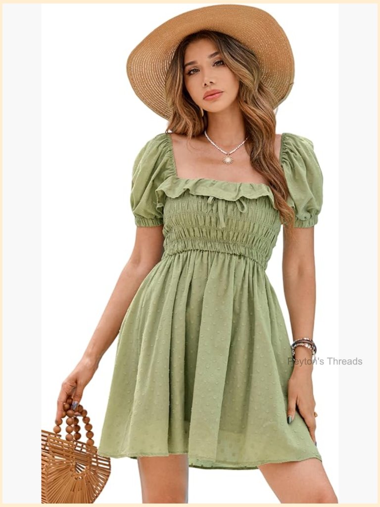 Women's Square Neck Smocked Mini Dress - Short Sleeve Cotton Swing Dress